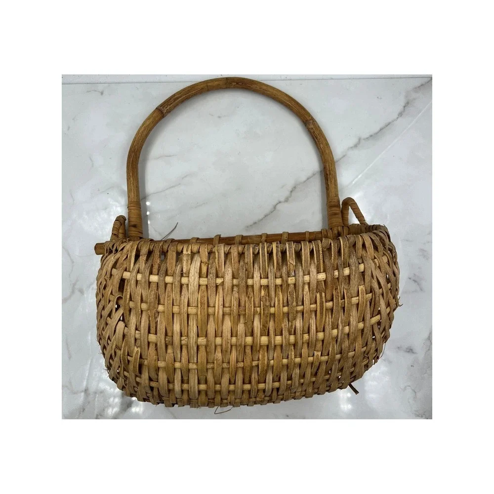 VTG Wicker Gathering Basket Hanging Peg Bentwood Handle Rustic Garden Brown